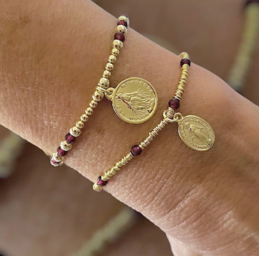 Pulsera mostacilla granate oro