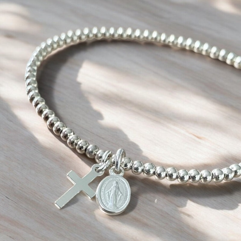 Pulsera mini virgen cruz plata