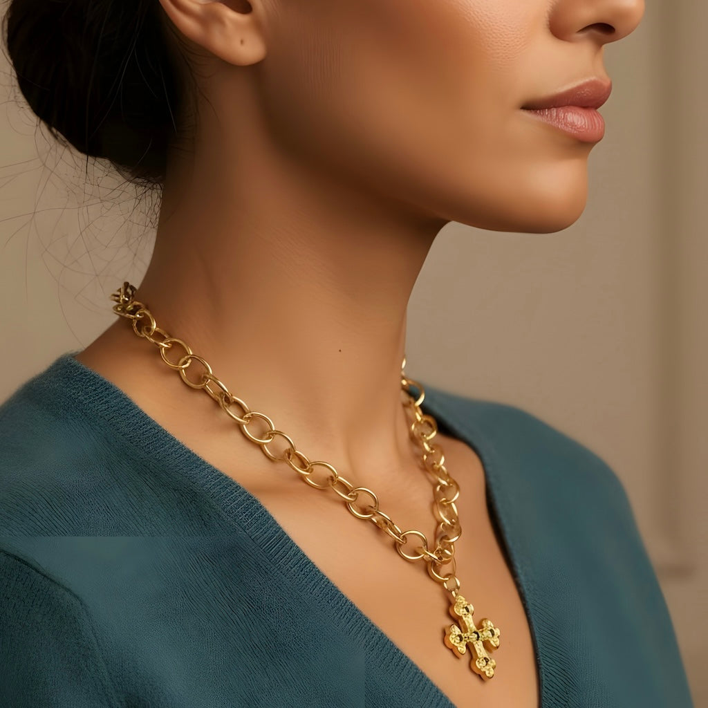 Collar eslabones cruz bizantina oro