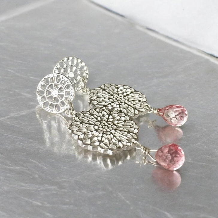 Aros mandala topacio rosa plata 925