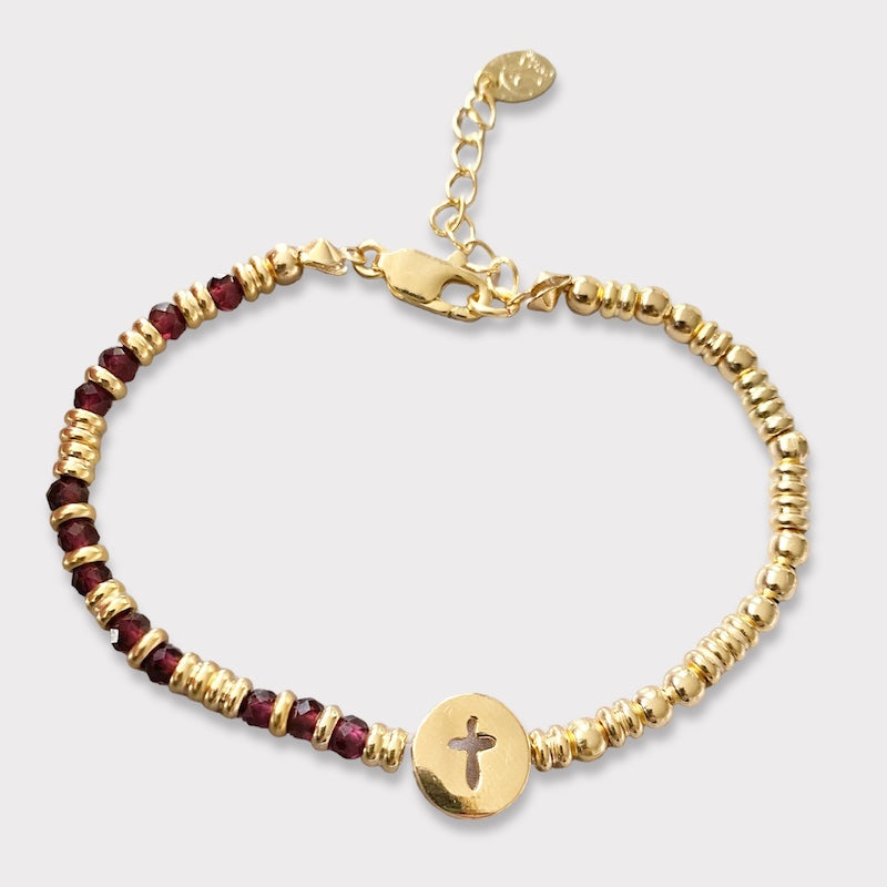 Pulsera granates cruz calada oro