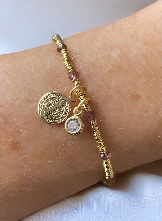 Pulsera mostacilla cristales San Benito oro