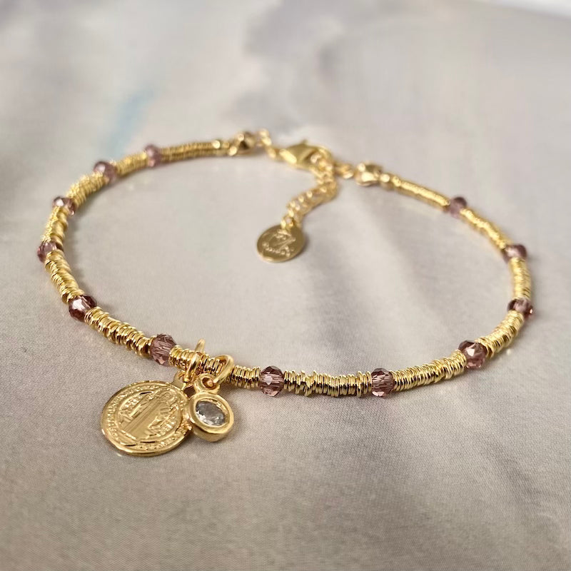 Pulsera mostacilla cristales San Benito oro