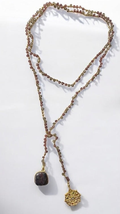 Collar largo tejido cristales zafiro oro