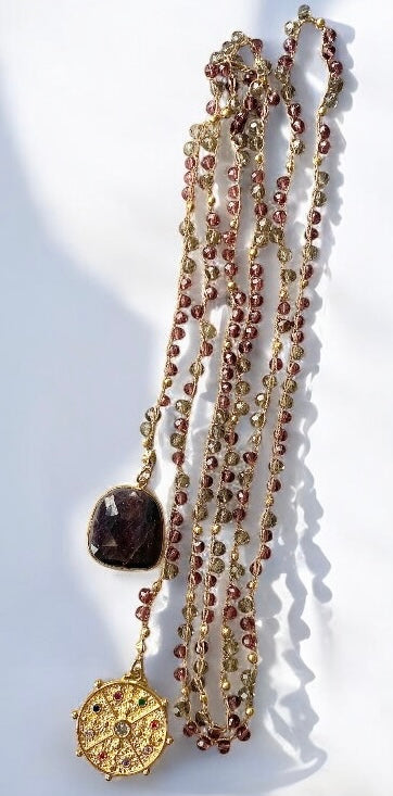 Collar largo tejido cristales zafiro oro