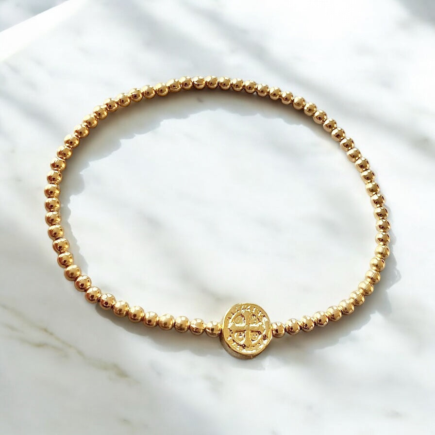 Pulsera bolitas medalla San Benito oro