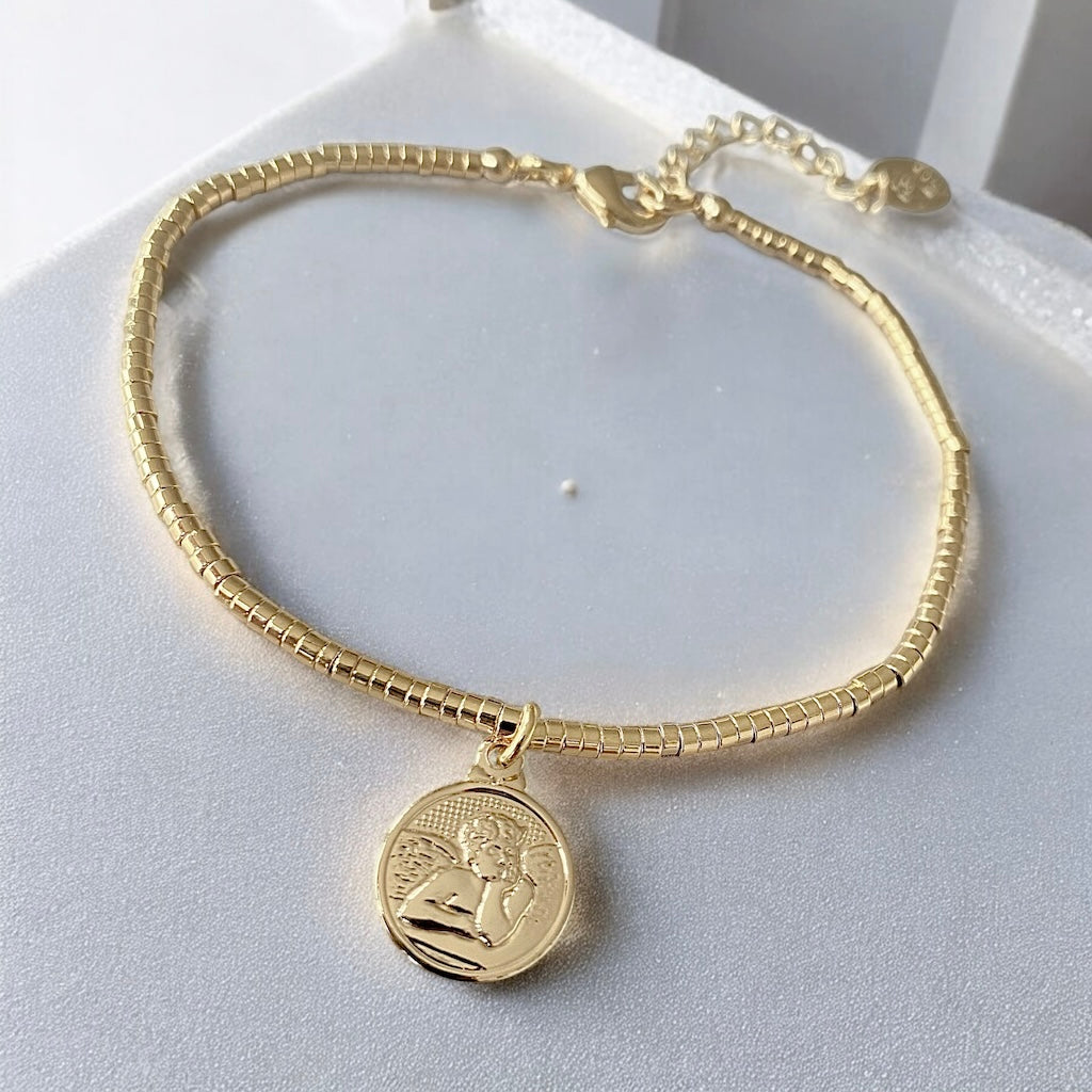 Pulsera mostacillas ángel de la guarda oro