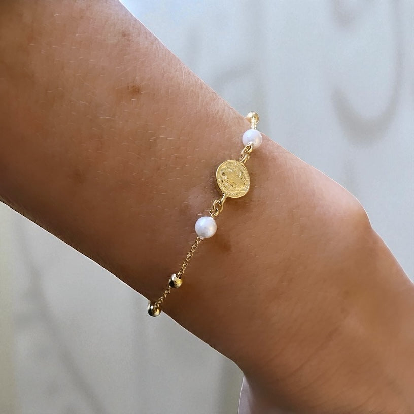 Pulsera bolitas perlas San Benito oro