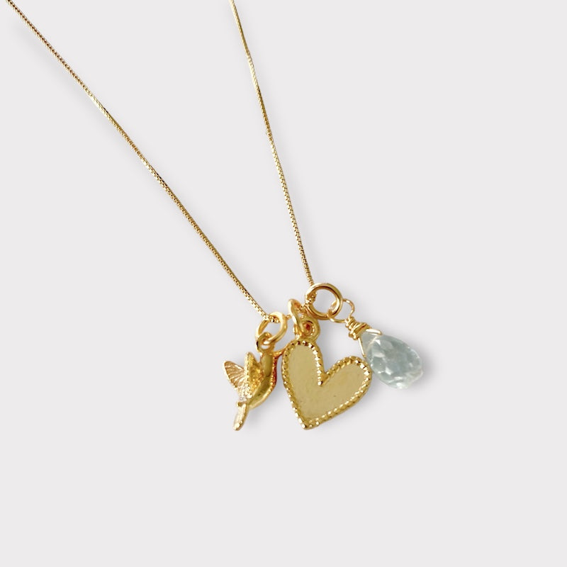 Collar trío mini colibrí corazón oro
