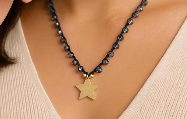 Collar tejido cristales azules estrella oro