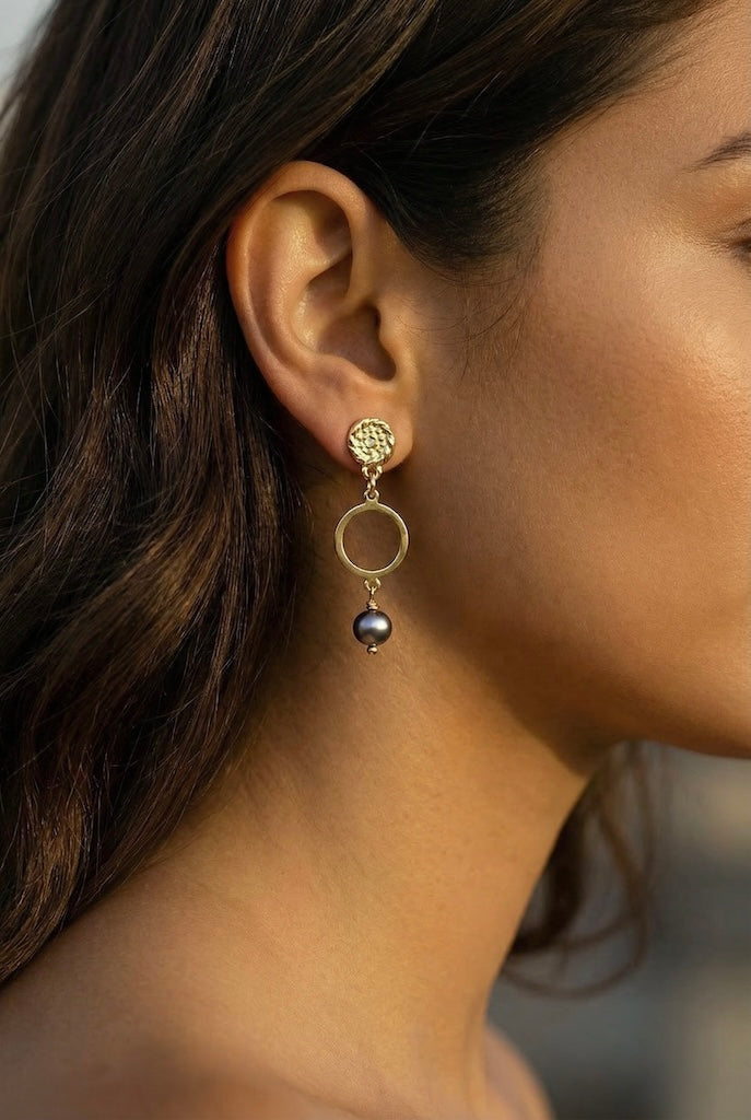 Aros círculo perla negra oro