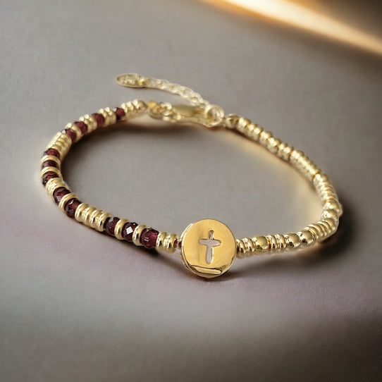 Pulsera granates cruz calada oro