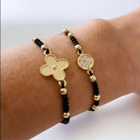 Pulsera hilo trébol bolitas oro