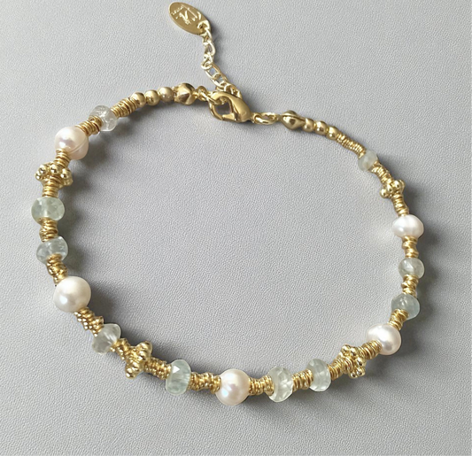 Pulsera aguamarina perlas oro
