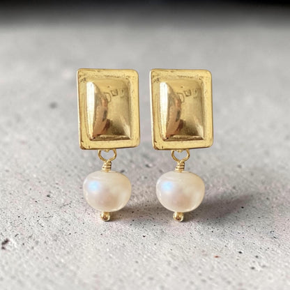 Aros rectángulo perlas oro