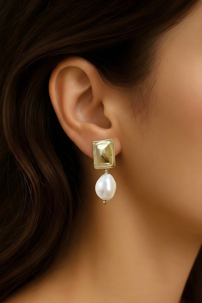 Aros retángulo perlas oro