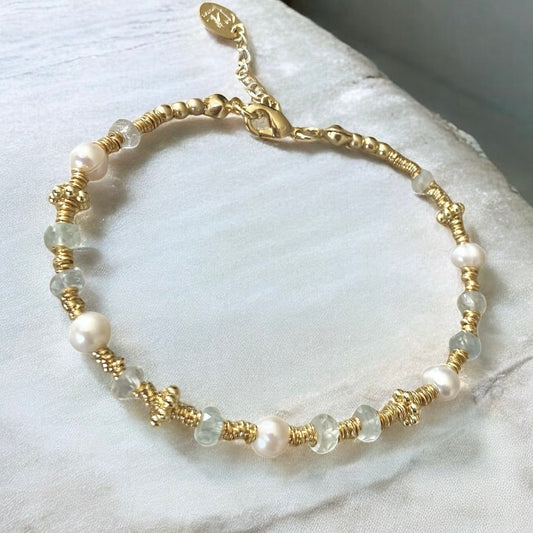 Pulsera aguamarina perlas oro