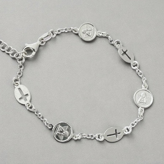 Pulsera medallas ángel de la guarda y cruz plata