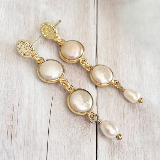 Aros largos perlas oro