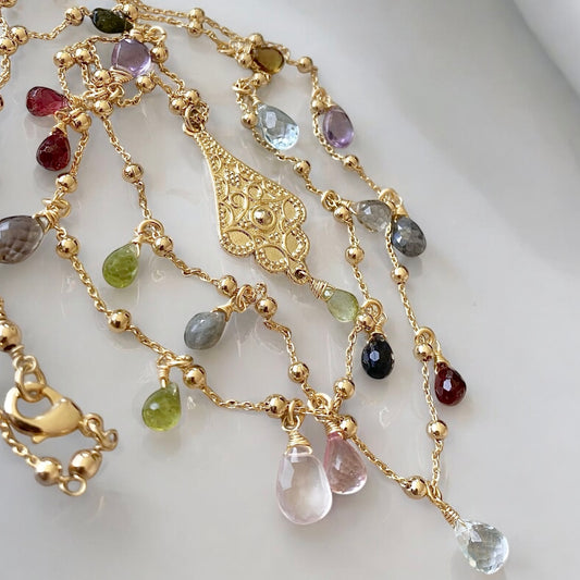 Collar largo piedras gota oro