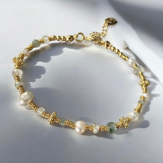 Pulsera aguamarina perlas oro