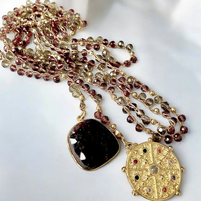 Collar largo tejido cristales zafiro oro