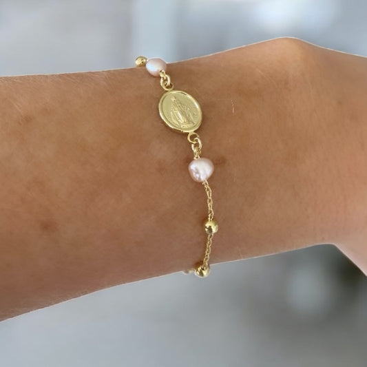Pulsera bolitas perlas virgen oro