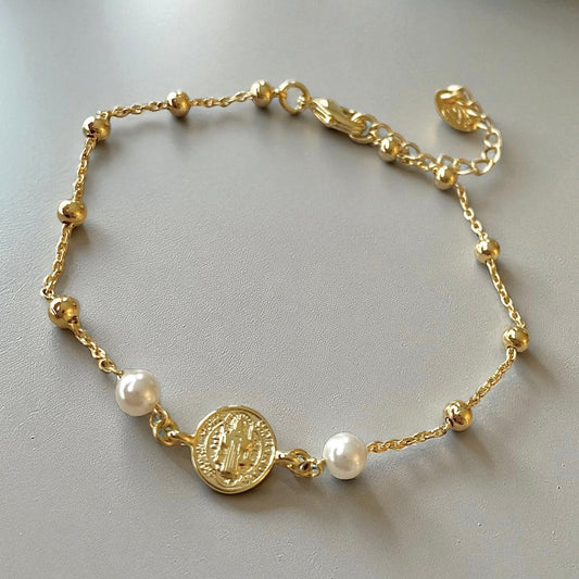 Pulsera bolitas perlas San Benito oro
