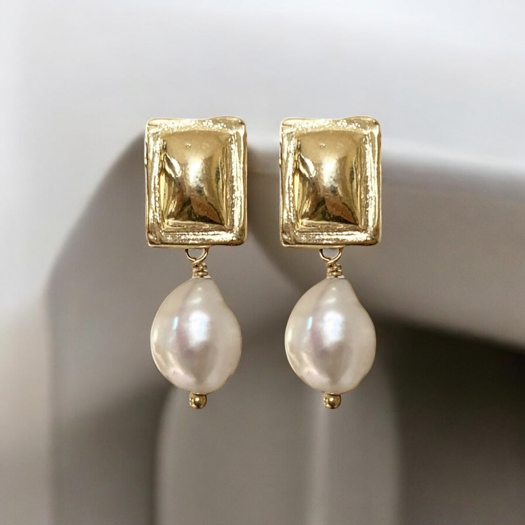 Aros retángulo perlas oro