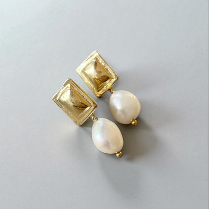 Aros retángulo perlas oro