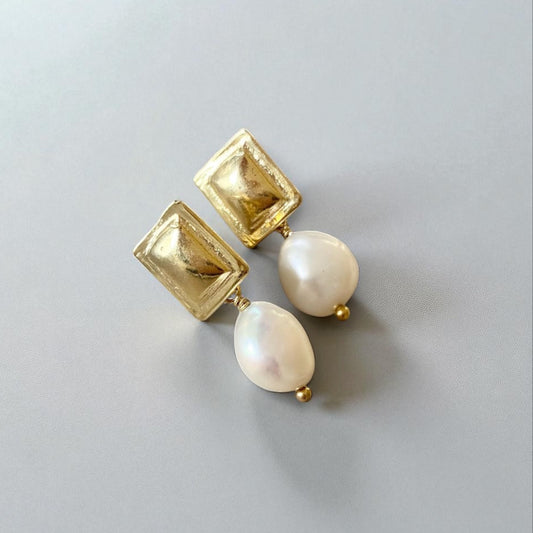 Aros retángulo perlas oro