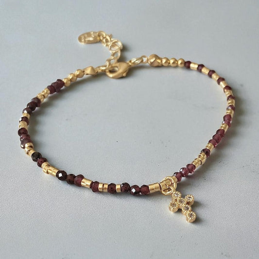 Pulsera granates cruz oro
