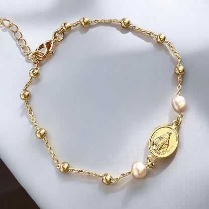 Pulsera bolitas perlas virgen oro