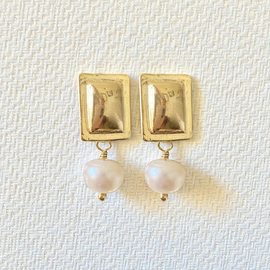 Aros retángulo perlas oro