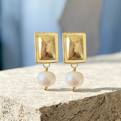 Aros retángulo perlas oro