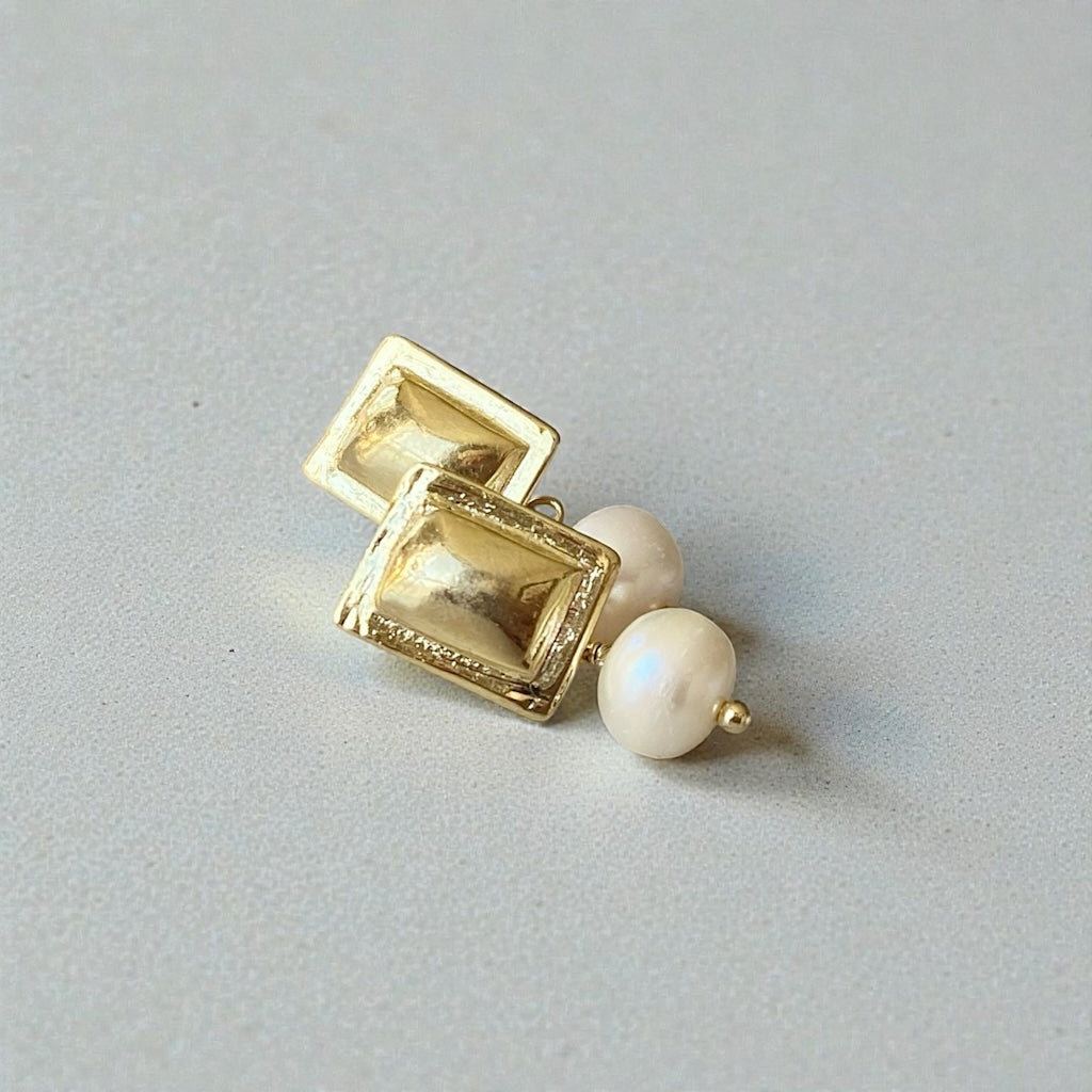 Aros retángulo perlas oro