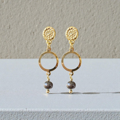 Aros círculo perla negra oro