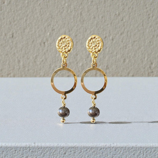 Aros círculo perla negra oro