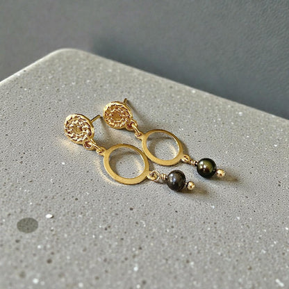 Aros círculo perla negra oro