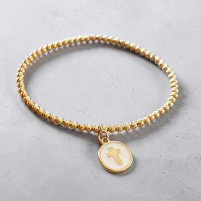 Pulsera bolitas medalla cruz oro