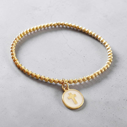 Pulsera bolitas medalla cruz oro