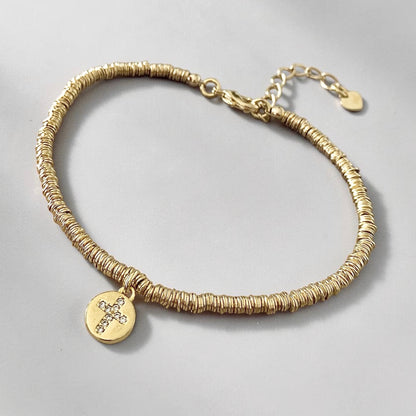 Pulsera mini medalla cruz circones oro