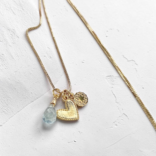 Collar trío aguamarina corazón oro
