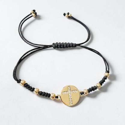 Pulsera hilo medalla cruz circones oro