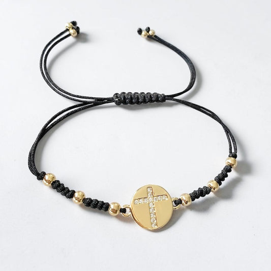 Pulsera hilo medalla cruz circones oro