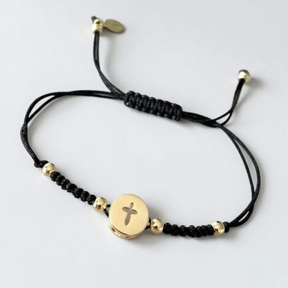 Pulsera hilo cruz calada oro