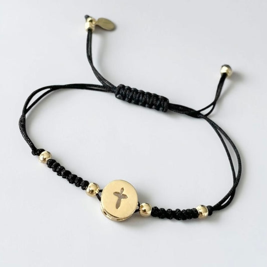 Pulsera hilo cruz calada oro