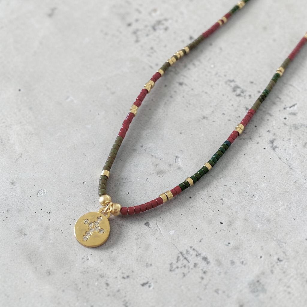 Collar tejido mini cruz circones oro