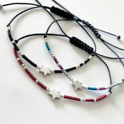 Pulsera hilo mijuki bolitas estrellita plata