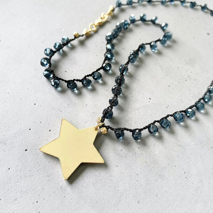 Collar tejido cristales azules estrella  oro